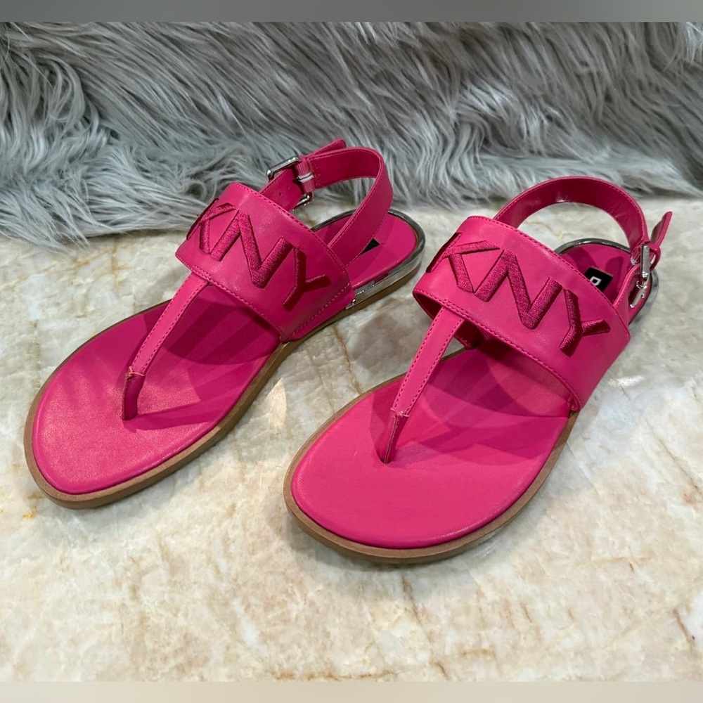 DKNY Logo T-Strap Sandals - Color: DEEP FUCHSIA